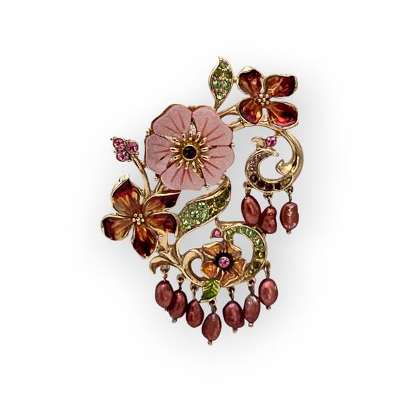 Floral & Mother-of-Pearl Style Brooch Pink Blossoms, Rhinestones & Dangle Pearls - Picture 7 of 9